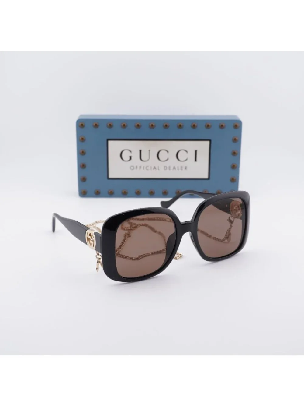 Gucci GG1029SA 005 Square Sunglasses - Black with Gold Chain\Brown